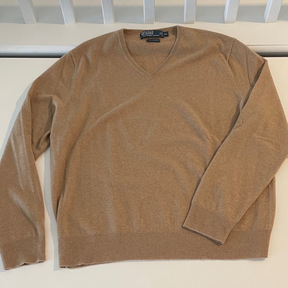 Polo Ralph Lauren Men's Camel V-Neck Cashmere Sweater Large